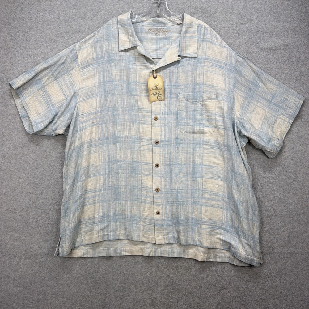 Caribbean Roundtree Yorke Hawaiian Shirt Mens 4XL Big Blue Plaid Camp Loop NEW